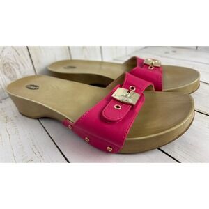 Dr Scholls Classic Pink Wooden Wedge Slide Sandals Gold Buckle Womens 8M Retro